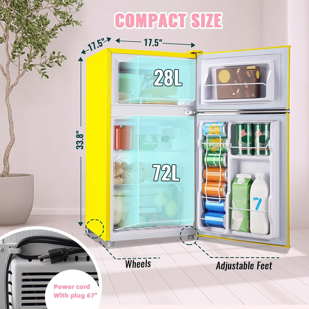 WANAI 3.5 Cu.ft Small Refrigerators Retro Mini Fridge with Freezer Yellow Full-sized Fridge Dual Door Dual Handle Classic Removable Glass Shelves Adjustable Thermostat for Home Office Dorm RV