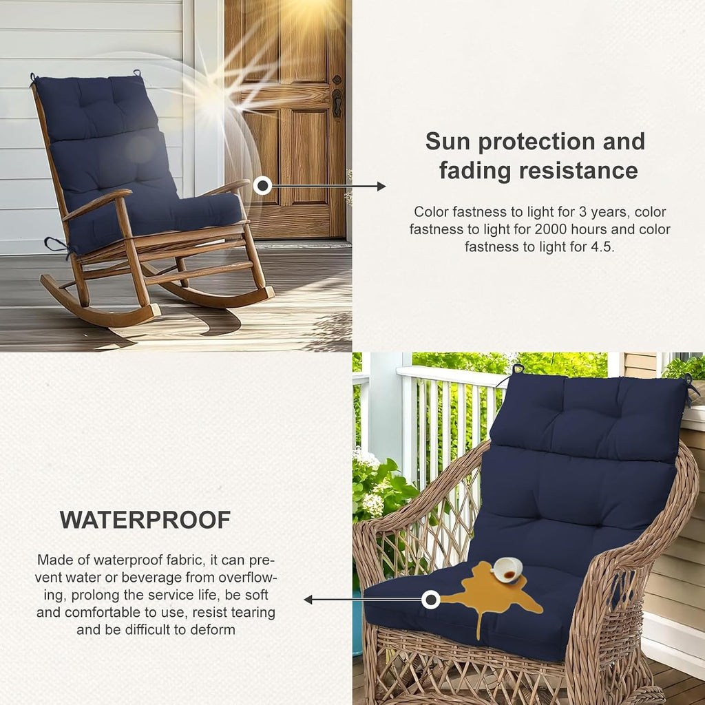 Outdoor High Back Chair Cushions 2-Pack, 44'x22'x 4' Fade-Resistant Waterproof Tufted Pads with Ties for Patio Rocking & Adirondack Chairs (Navy Blue)