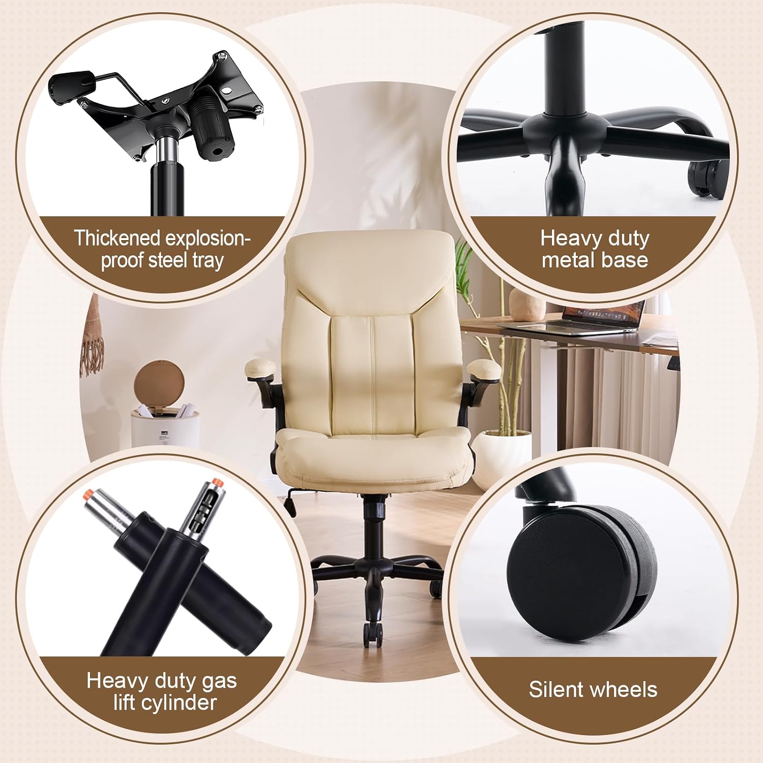 Office Chair, Ergonomic Computer Chair with Flip-up Arms Home Desk Chairs Comfy PU Leather Executive Mid Back Support Adjustable Height Tilt Lock Swivel Rolling Wheels, Cream