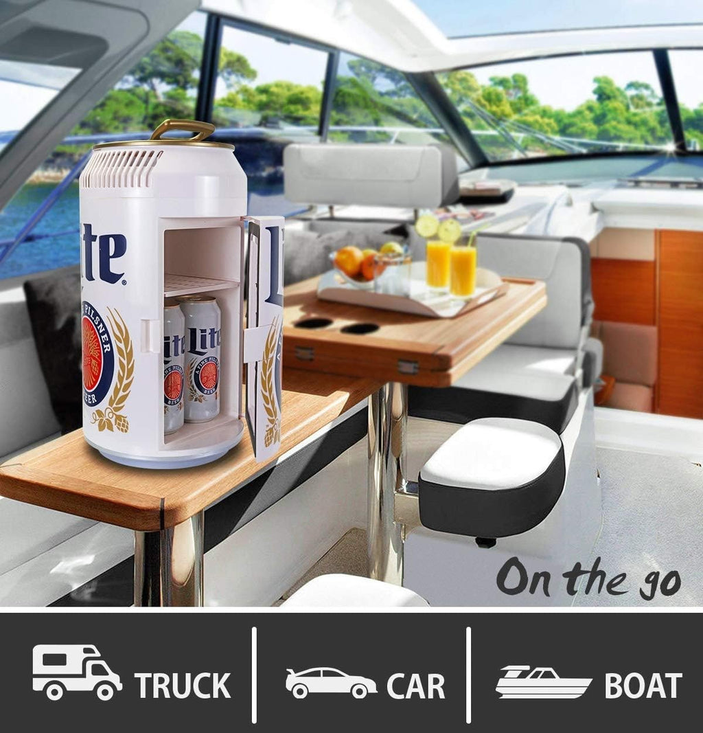 Miller Lite Mini Fridge - Refrigerator for Bedroom Office, Portable Table Top Beverage Cooler, 12V 110V Refrigerador For Drinks, Soda, Wines, Use In Car, Outdoor, Patio, 8 Can