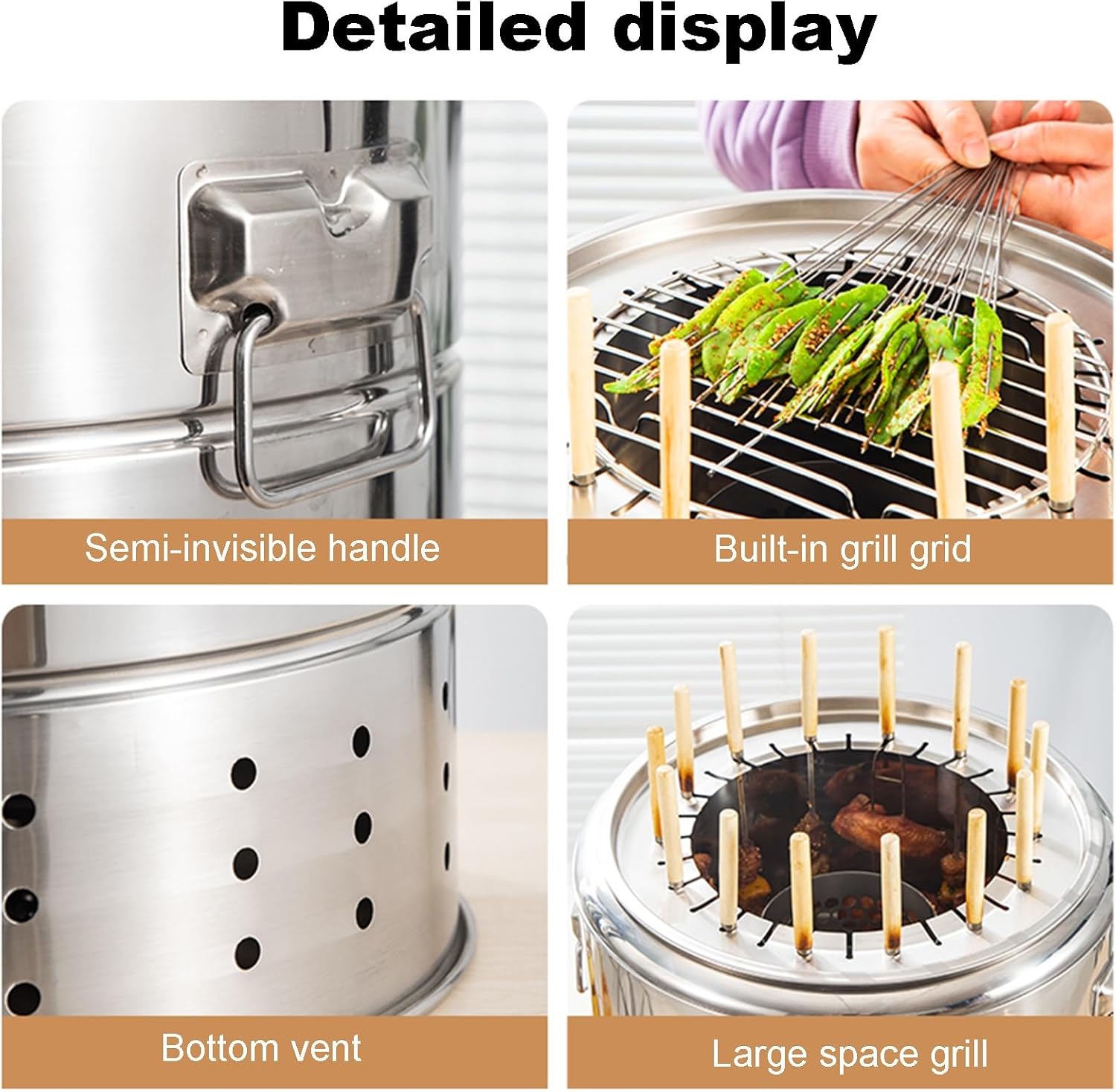 Stainless Steel Barbecue Grill Household Smokeless Hanging Grill Round Barbecue Fireplace Detachable Design Outdoor Charcoal Grill Suitable for Patio, Camping Barbecue