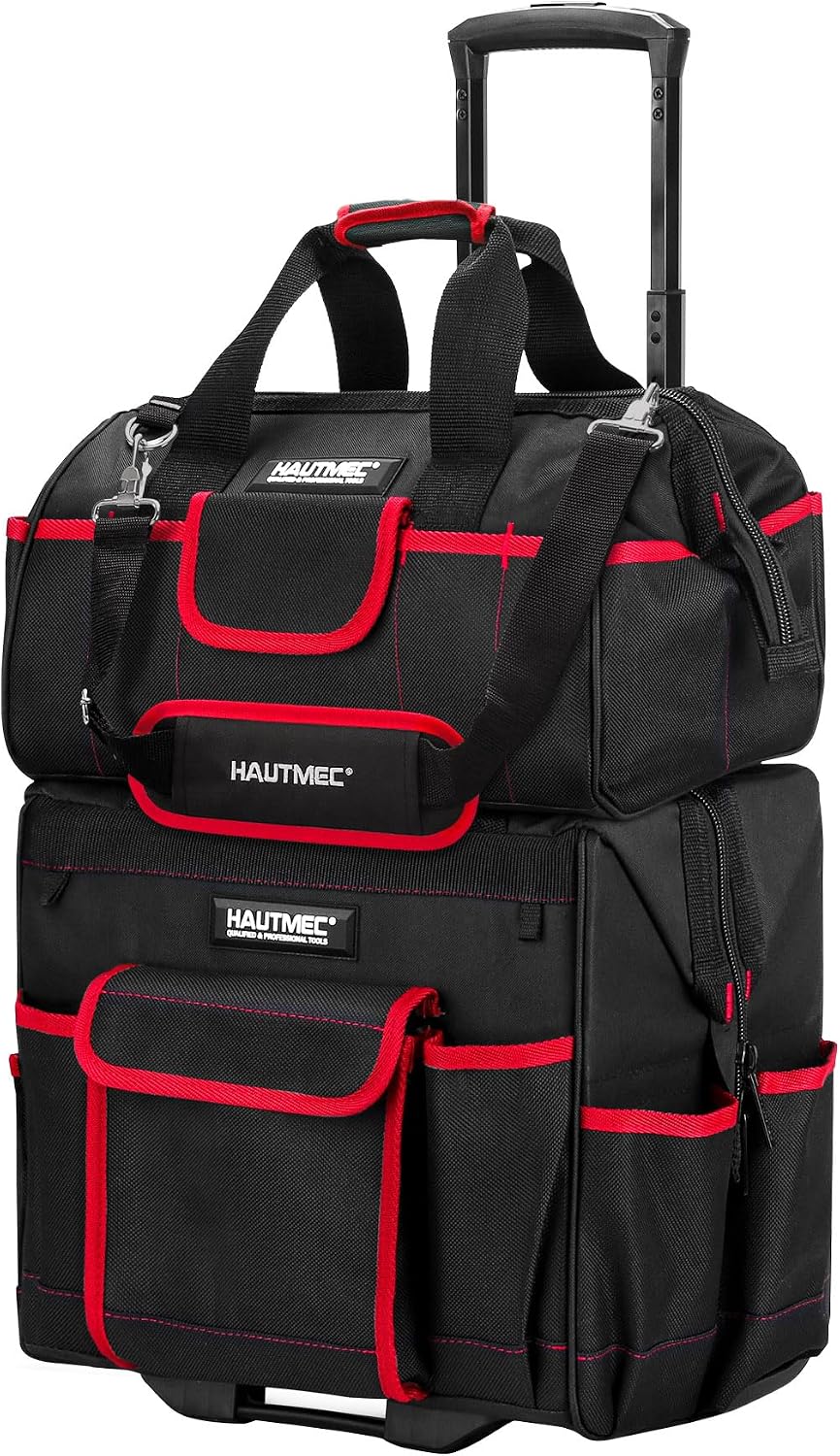 HAUTMEC 2-Piece Rolling Tool Bag Set, 15' Wheeled Tool Bag & Wide Mouth Tool Tote, Heavy-Duty Tool Storage Organizer with Durable Off-Road Wheel, Steel Telescoping Handle & Shoulder Strap – HT0288