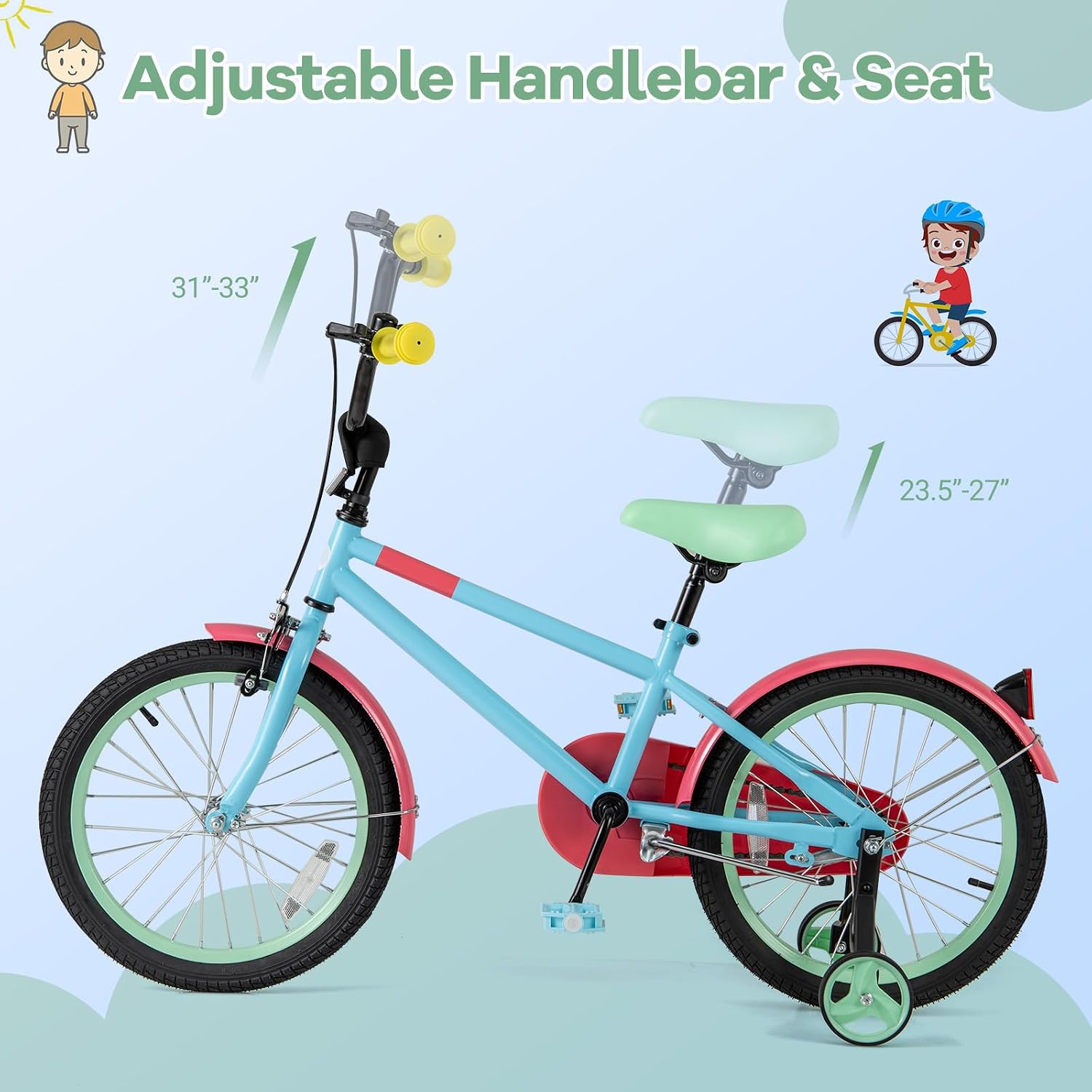 BABY JOY Colorful Macarons Kids Bike, 12 14 16 18 Inch Sporty Children's Bicycle with Training Wheels, Adjustable Handlebar & Saddle, Handbrake & Coaster Brake, Boys Girls Bike for 3-8 Years Old