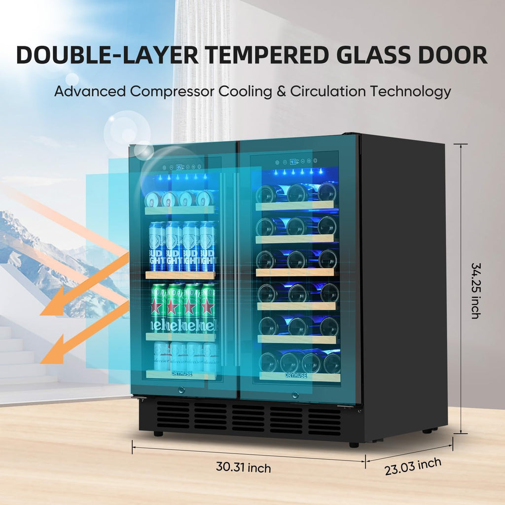 ORYMUSE 30 Inch Dual Zone Wine & Beverage Refrigerator, Built-In or Freestanding Wine Fridge with Seamless Black Stainless Steel Door, Glass Door, Digital Touch Control, Holds 30 Bottles & 110 Cans