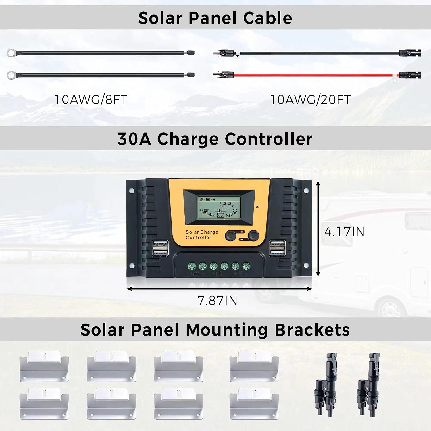 JJN 200 Watt Solar Panel Kit 12V Solar Panels with 30A PWM 12V/24V Charge Controller 2 Pair 10BB Solar Panel Cables Connectors Brackets for RV Boats Marine Home Off-Grid System [New Version]