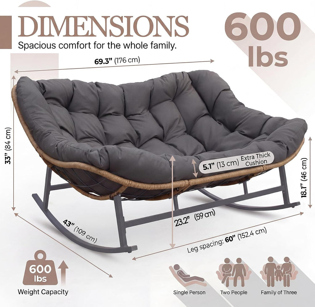 NICESOUL Double Papasan Rocking Chair Outdoor Indoor, XL Large Patio Padded Glider Lounge Chairs for 2, Comfortable Egg Rocker Loveseat with Cushion, Wide Big Recliner for Outside Balcony, Grey