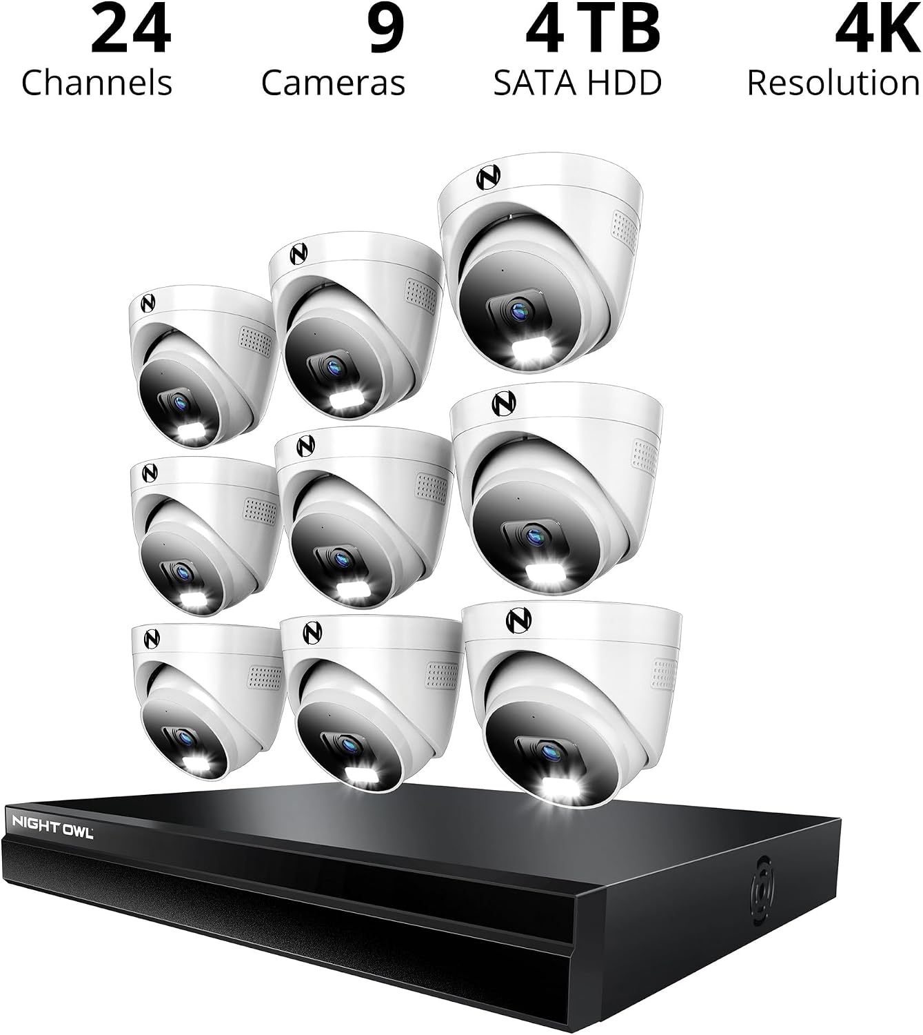 Night Owl Power Over Ethernet 24 Channel NVR Video Home Security Camera System with (9) Wired IP 4K HD Indoor/Outdoor Deterrence Dome Cameras and 4TB Hard Drive (Add up to 8 Wi-Fi Cameras)