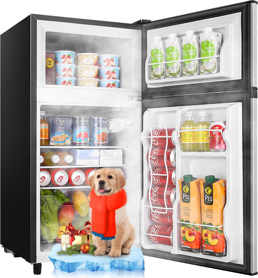 WANAI 100L Mini Fridge with Freezer Compact Refrigerator with Freezer, 7 Level Adjustable Thermostat and 2 Removable Shelves Freestanding Small Refrigerator for Office Dorm Apartment (Silver)