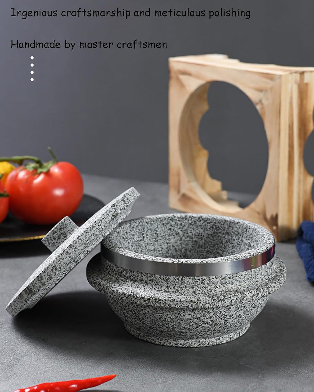 Dolsot Bibimbap Bowl,Korean Granite Stone Bowl with Lid Thicken Stone Bowl, for Bibimbap Soups Hot Pot for Korean Restaurants, Soup, Rice, Stew,20CM