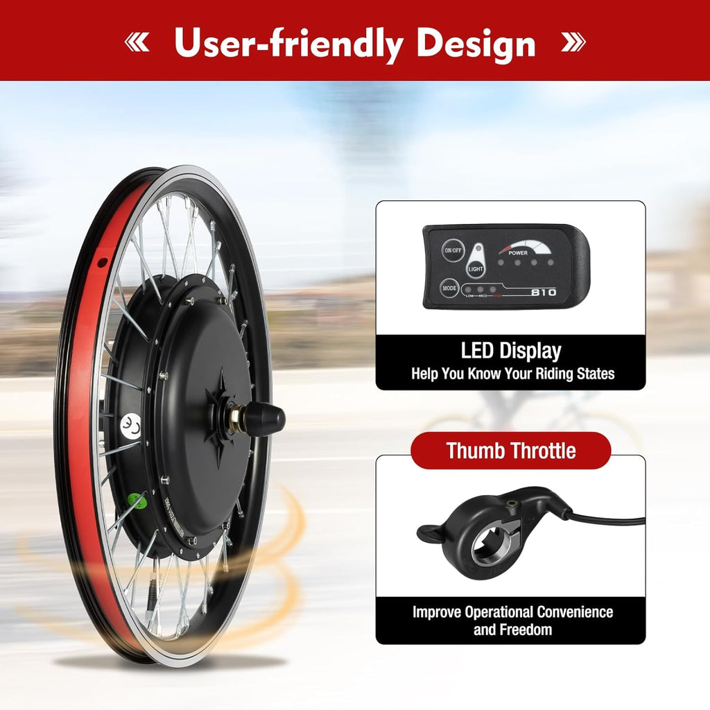 20' Electric Bike Conversion Kit, DC48V 1000W Front Wheel Conversion Kit with LED Display & Brushless Controllerm, for Mountain, Beach and Off-Road Bikes