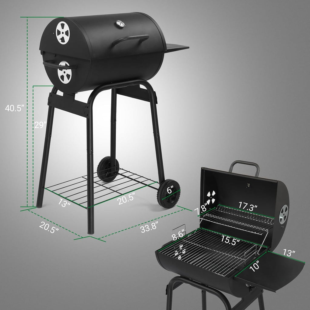 Charcoal BBQ Grill with Adjustable Charcoal Pan, Large Cooking Area, Air Dampers, Side Table, and Wheels, Portable Barbecue Grills for Outdoor Backyard, Camping, Patio Parties, and Picnics