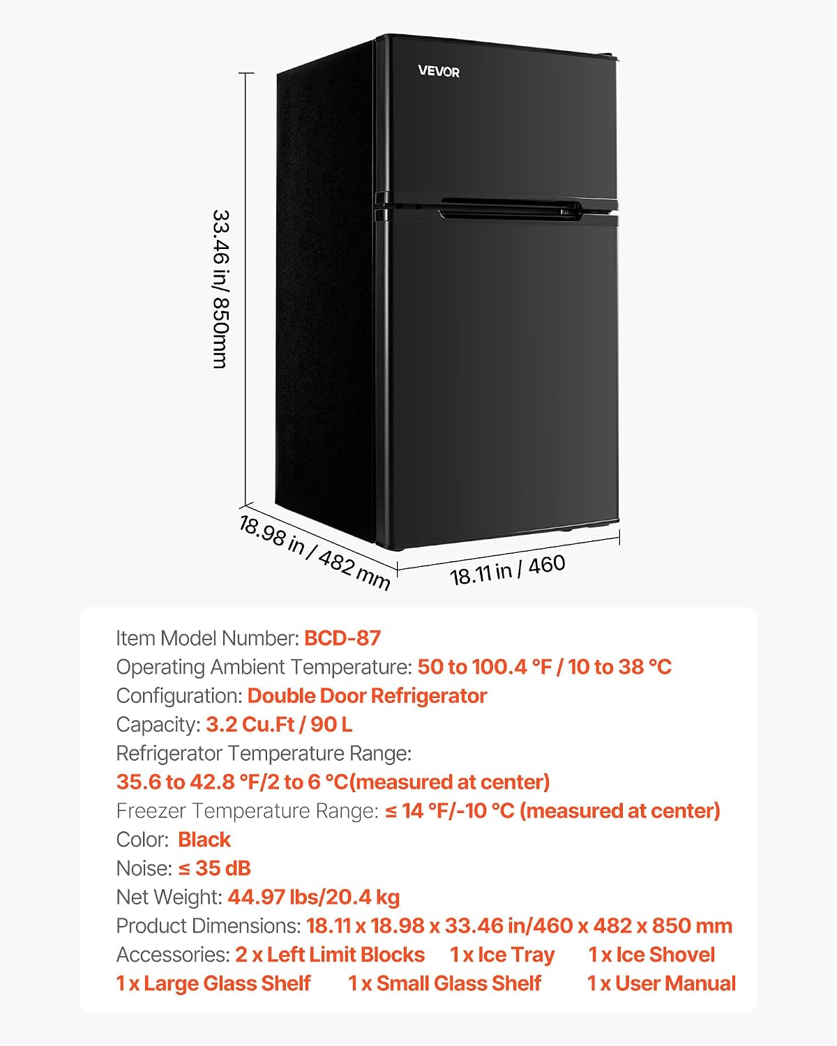 VEVOR 3.2 Cu.Ft Mini Fridge with Freezer, Dual Zone Compact Refrigerator, 3-Mode Adjustable Temperature, Energy Efficient Small Fridge, Reversible Door, Low Noise, for Bedroom, Dorm, Office, Black