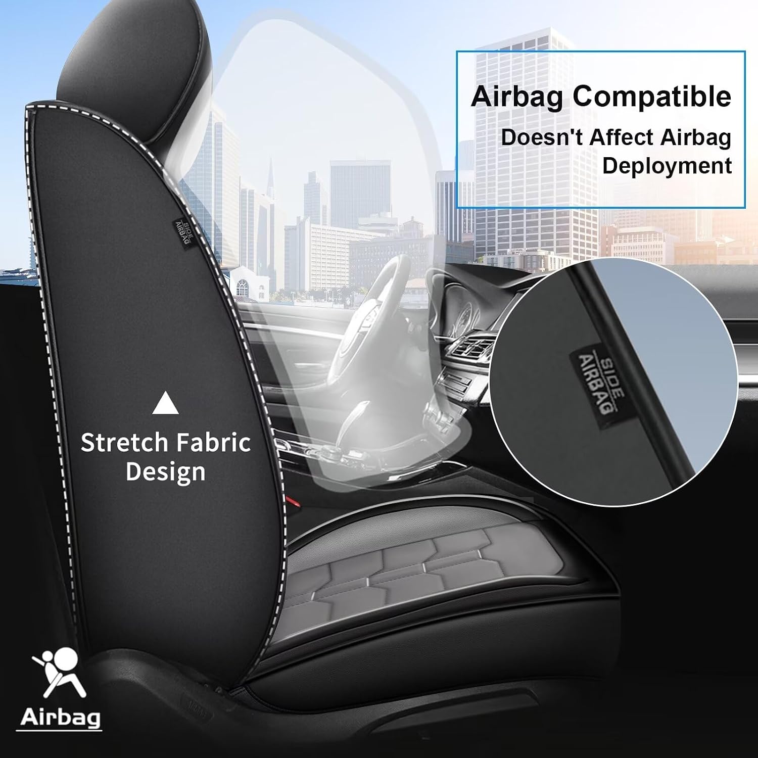 IKABEVEM 2PCS Front Car Seat Covers Fit for GMC Acadia 2017-2026 Faux Leather Seat Cover Waterproof Seat Cushion Protector (Black & Grey)