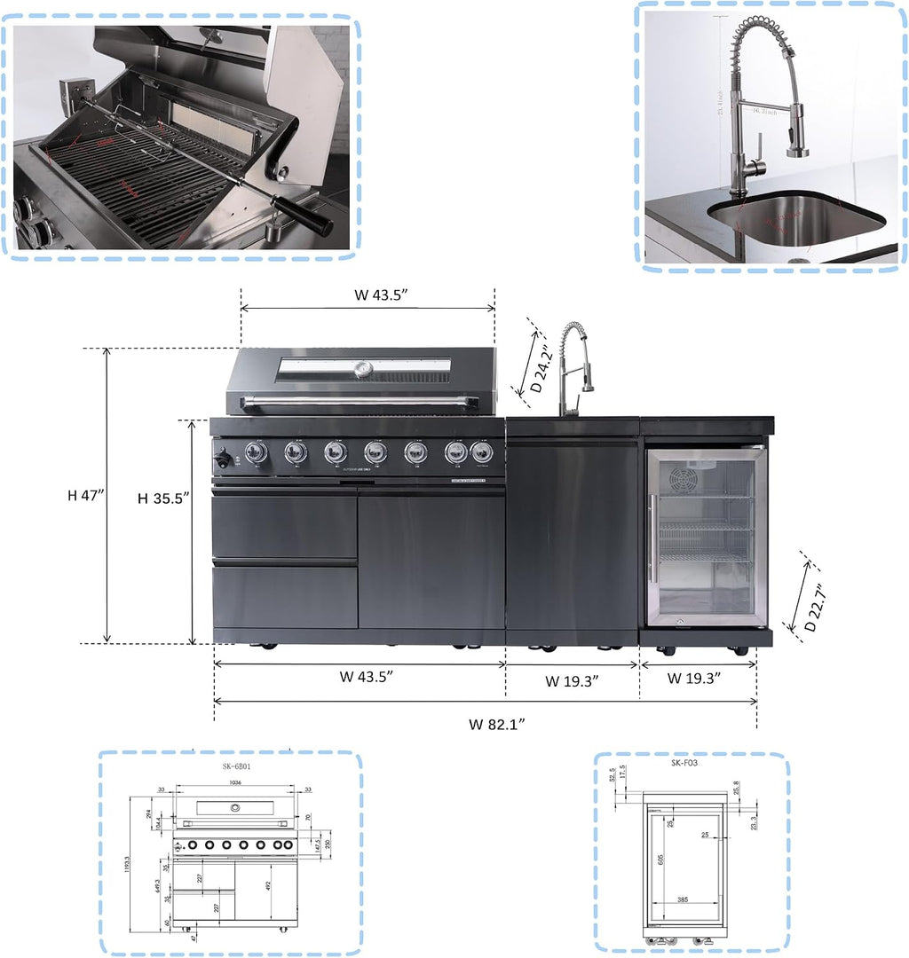 82' Natural Gas Outdoor Kitchen Island - 43-Inch 6-Burner 85,000 BTU Deluxe Stainless Steel Grill Wine Cooler Compact Refrigerator Rotisserie Granite Countertops/Sink,Black