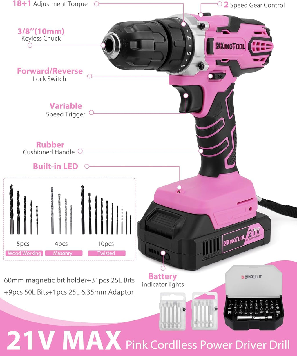 KingTool 267-Piece Tool Kit Set - Pink Tool Set with 21V Cordless Pink Power Drill Driver, Tool kit for Women with Pink Tool Storage Bag, Womens Tool Kit for House, Perfect for Home DIY Projects