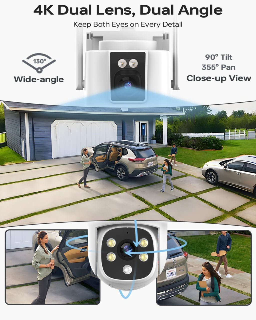 Wireless Outdoor Security Camera System, Wkkengd Dual Lens Dual Screen Auto Tracking 4 Home Surveillance Camera Set 12.5' Monitor 1TB 10CH NVR Color Night Vision 2 Way Audio Wi-Fi 6 Alexa Compatible