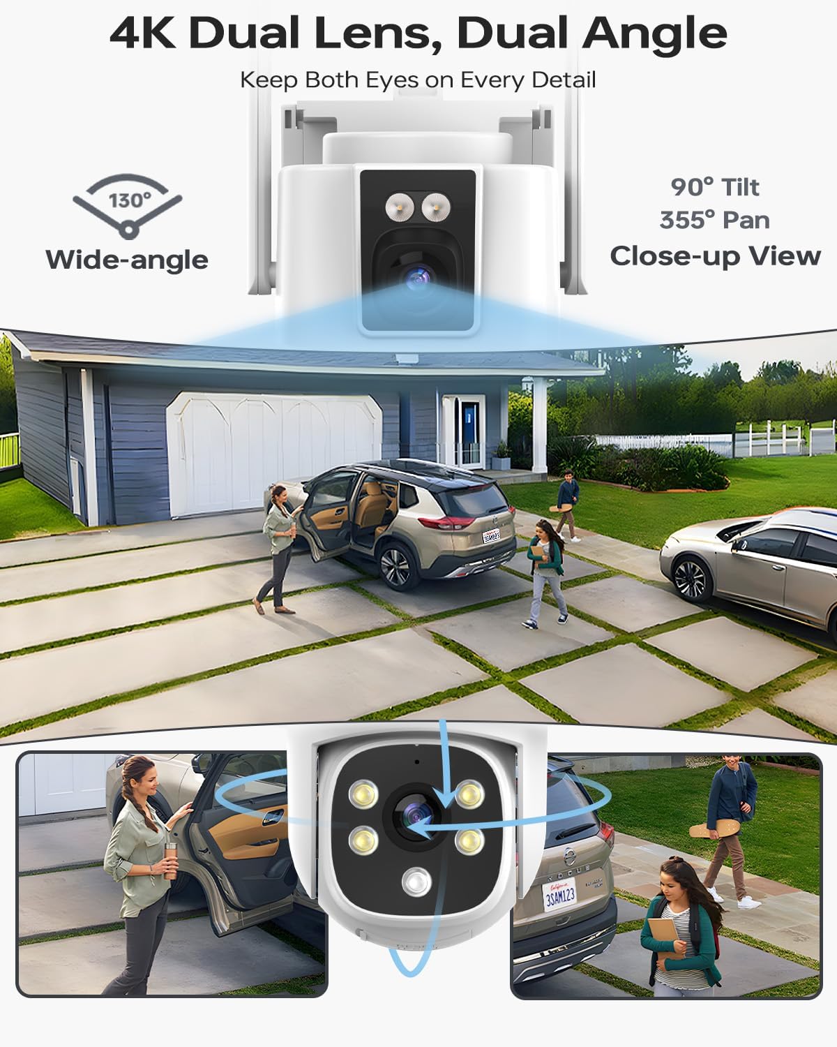 Wireless Outdoor Security Camera System, Wkkengd Dual Lens Dual Screen Auto Tracking 4 Home Surveillance Camera Set 12.5' Monitor 1TB 10CH NVR Color Night Vision 2 Way Audio Wi-Fi 6 Alexa Compatible