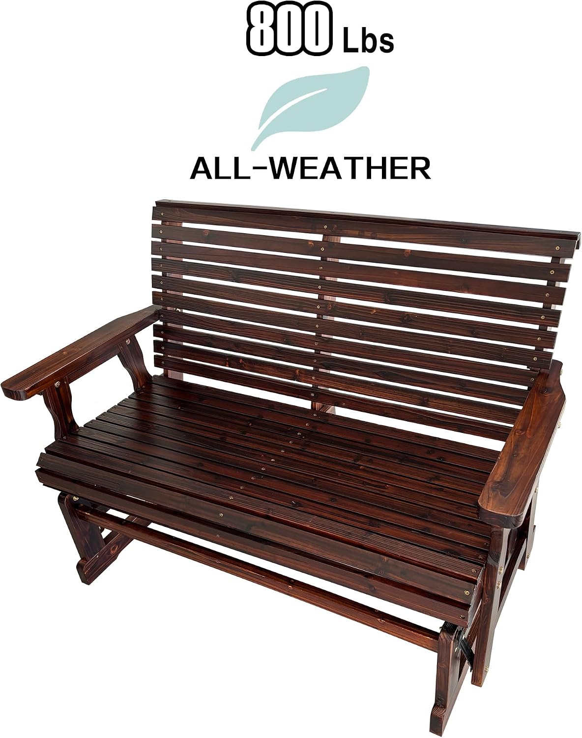 Wooden Patio Glider with High Roll Back and Deep Contoured Seat, Solid Fir Wood, 2-Seater, Heavy Duty 800 LBS, 4 Ft. (Chocolate Tone)