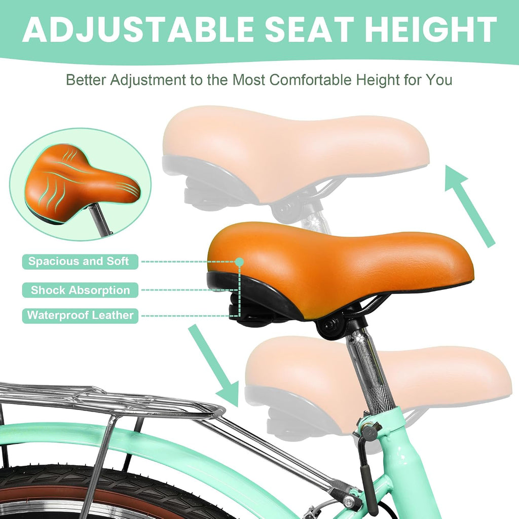 DEYGIA Beach Cruiser Bike for Women, 24 26 inch 7 Speed Commute Bike for Adults, Womens Bicycle with Ratten Basket and Adjustable Seat, Lightweight Step Through Bike for Adults Women Ladies