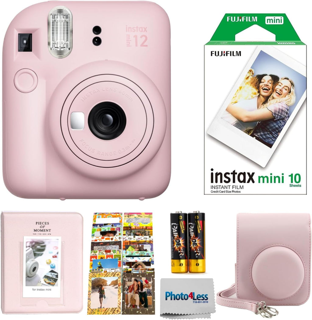 Fujifilm INSTAX Mini 12 Instant Film Camera (Blossom Pink) + Fuji Single Pack - 10 Prints Protective Case Pink Photo Album Travel Stickers Bundle!