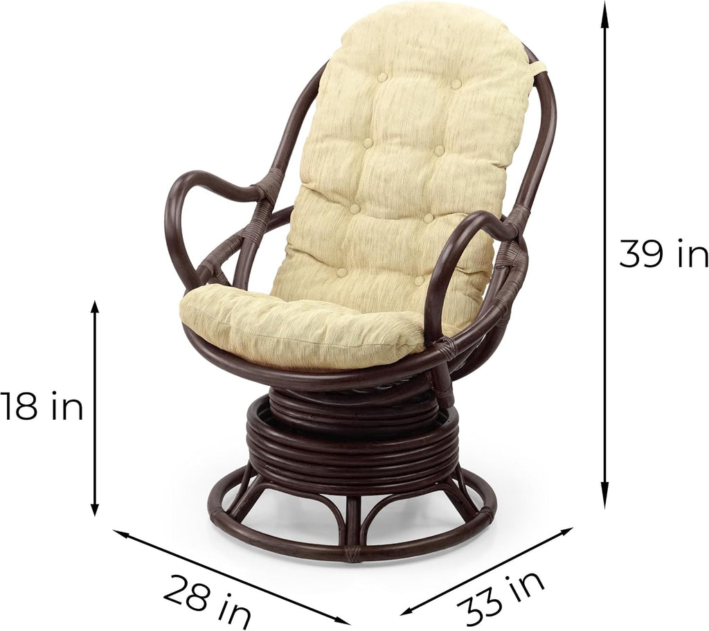 Java Lounge Swivel Rocking Chair with Cream Cushion Natural Rattan Wicker Handmade, Dark Brown Color