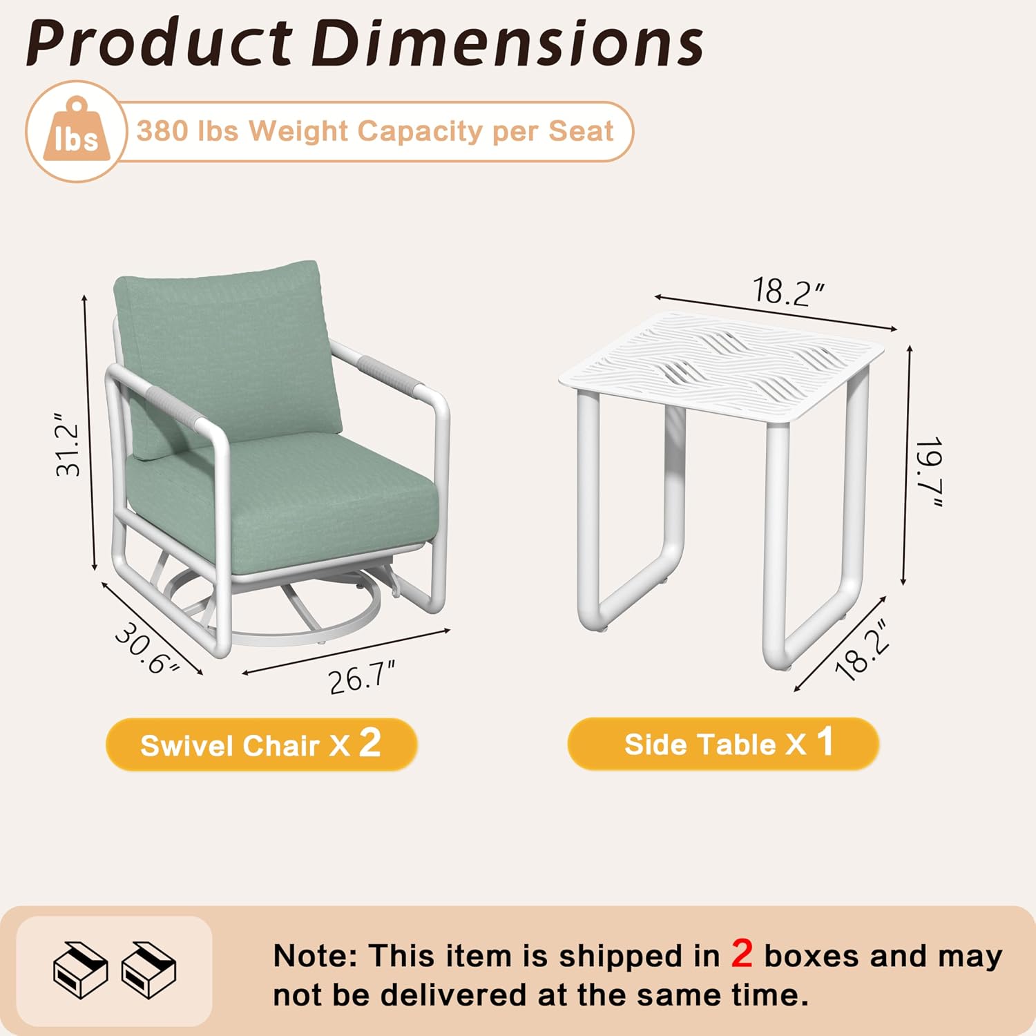 3 Piece Patio Outdoor Aluminum Swivel Rocking Chair with Coffee Table and 6.7' Thickened Cushions, All Weather Outdoor Furniture Chairs for Garden, Poolside, Deck-White