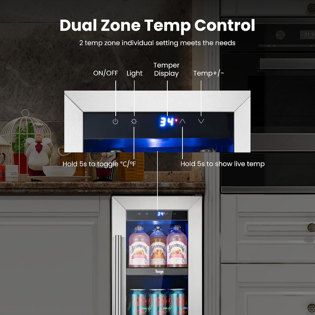 Yeego 12 Inch Beverage Refrigerator - 60 Cans Compact Beverage Cooler with Glass Door, Under Counter Drink Fridge Built-In or Freestanding for Soda, Beer & Wine, Office, Kitchen or Home Bar