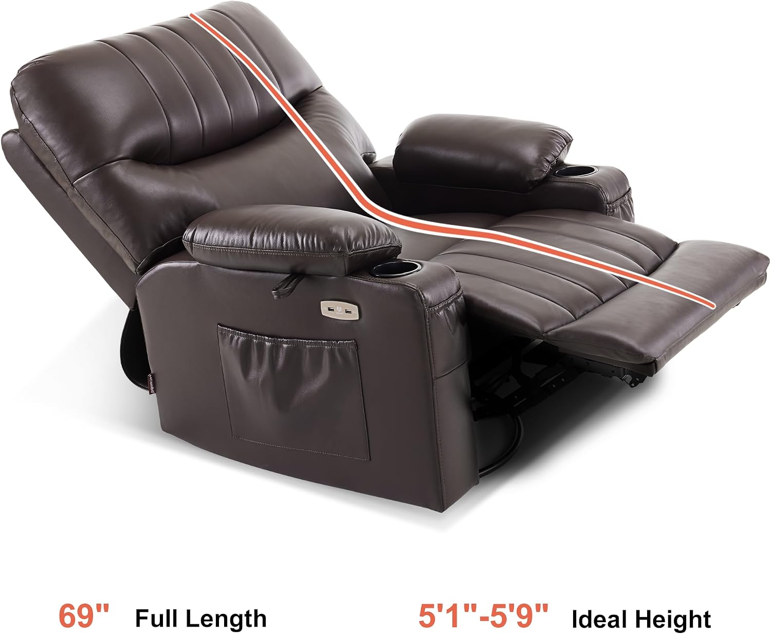 MCombo Oversized Swivel Glider Rocker Power Recliner Chair for Living Room with Heat and Vibration Massage, USB Ports, Cup Holders and Pockets, Faux Leather 7785 (Chocolate Brown)