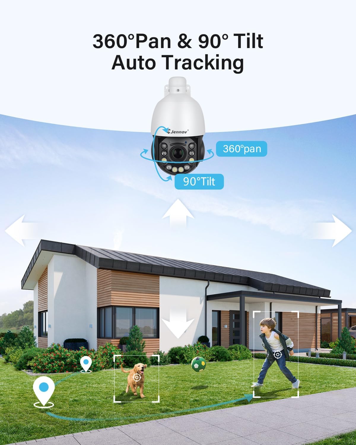 Jennov 6MP PoE IP Camera Outdoor with Pan Tilt 20X Optical Zoom, 360 Speed Dome PTZ Security Camera with 160ft IR Night Vision, Spotlights Color Night Vision, Human Detection, Onvif Compatible