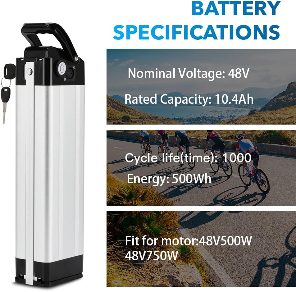 YS YOSE POWER E-Bike Battery 48V10.4Ah (499Wh) Silverfish Lithium Batteries with USB Port and Charger Pedelec Electric Bicycle Battery (Silver, 48V10.4Ah) for 250W 350W 500W 750W E-Bikes
