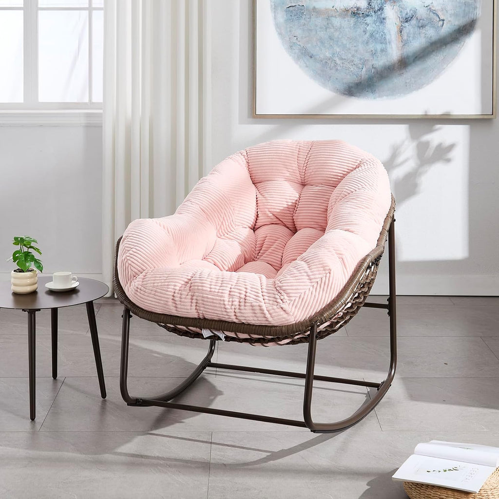 Rattan Rocking Chair for Indoor Outdoor Patio Oversized Wicker Egg Chair with Steel Frame Corduroy Padded Cushion Rocker Recliner Chair Comfy Lounger Papasan Chair for Living Room Porch Garden, Pink