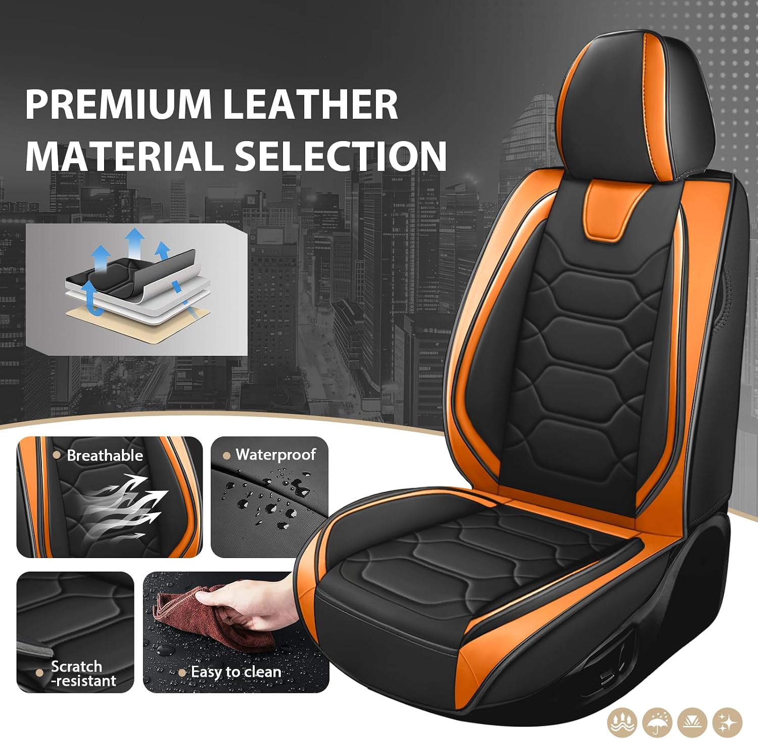 Car Seat Covers Full Set for Honda Civic 2000-2025,Durable Waterproof Luxury Universal,Easy to Install Napa Leather Cover Set for Cars,Full Seats,Black Orange