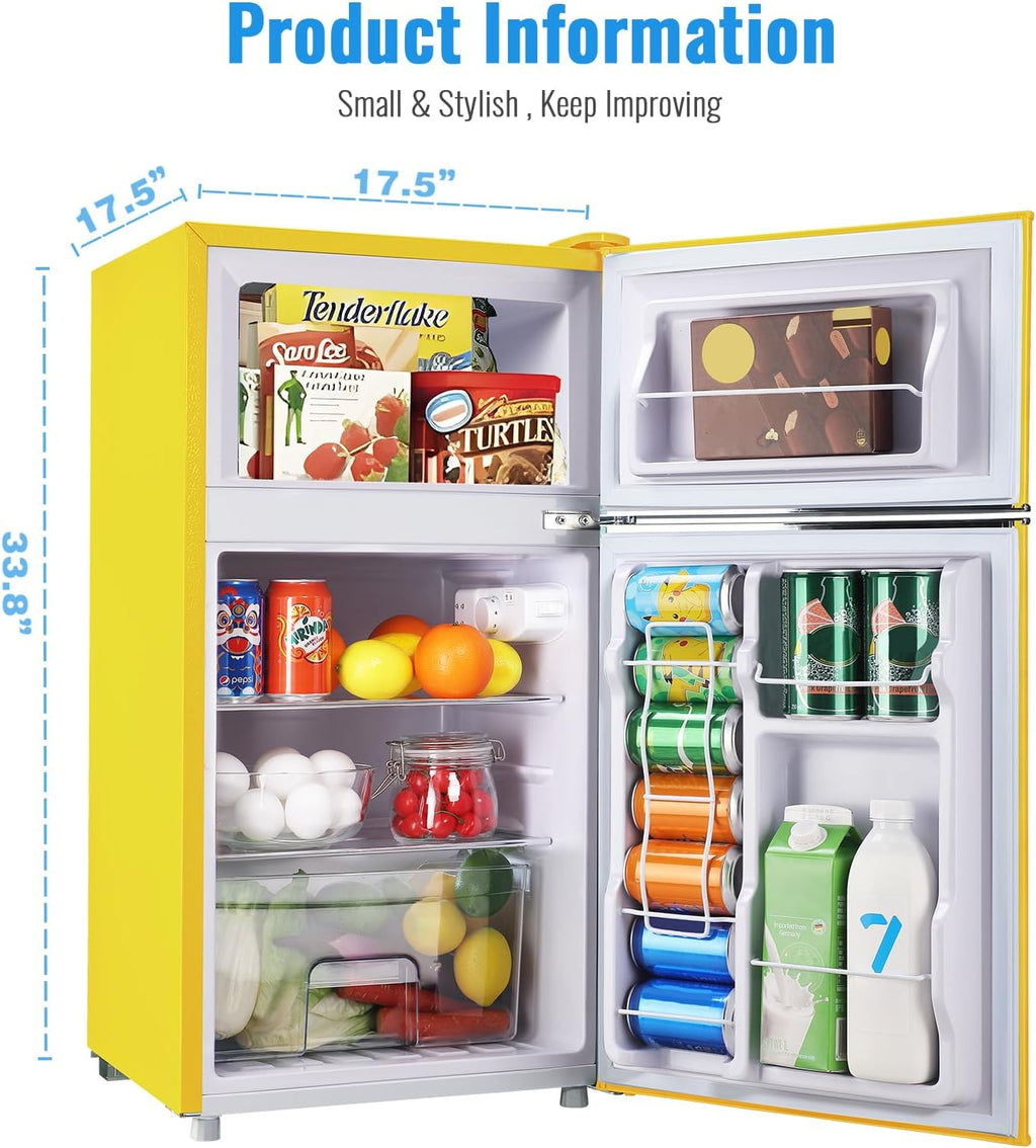 WANAI 3.5 Cu.Ft Mini Fridge with Freezer Small Retro Dual Door Refrigerator Freestanding Compact Refrigerator with Freezer 2 Door Mini Fridge for Bedroom, Dorm, Office, Cream, Yellow