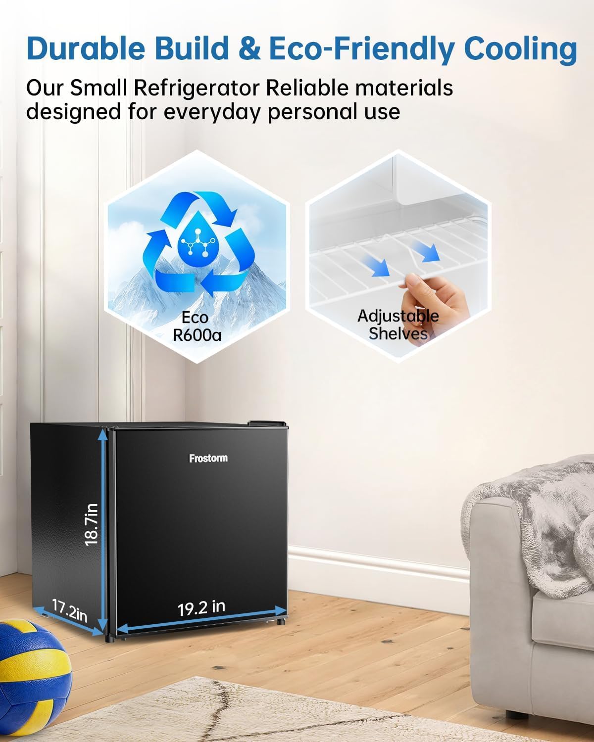 1.6 Cu Ft Mini Fridge with Freezer - 32dB Ultra Quiet Upright Freezer for Bedroom, Office & Dorm | Small Fridge, Adjustable Thermostat, Reversible Door, ETL Certified