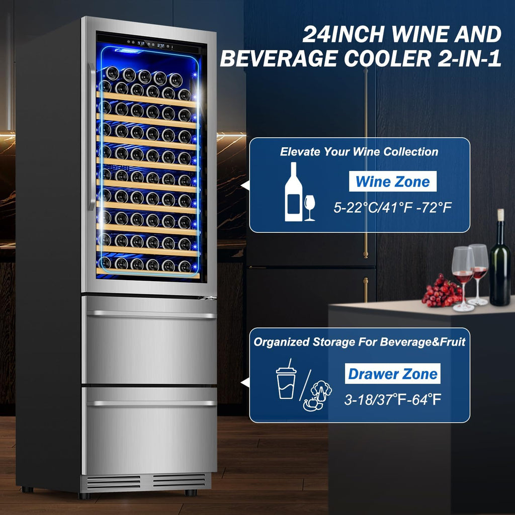 Velivi 24 Inch Wide Wine and Beverage Refrigerator With Dual Drawer, 2 IN 1 Dual Zone Wine Cooler, Built-In or Freestanding Beverage Fridge, for Home Bar Kitchen, Hold Up To 107 Bottles and 149Cans