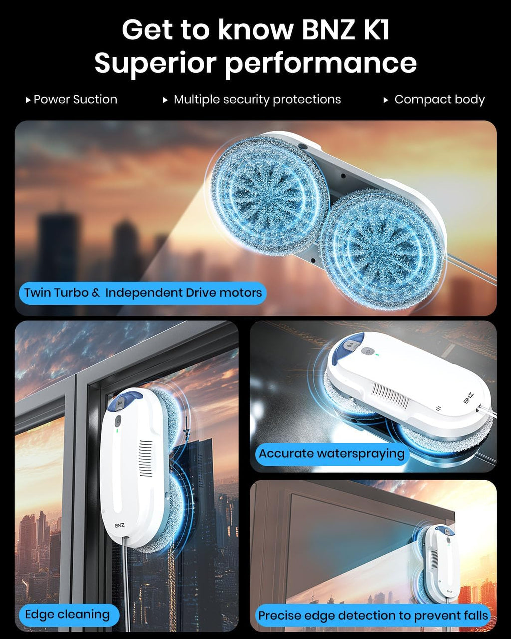 BNZ Smart Window Cleaning Robot, Twin Turbo & Dual Auto-Spray Window Cleaner with Multiple Safety System, AI Path Planning, Frameless Edge Detection, K1 (White)