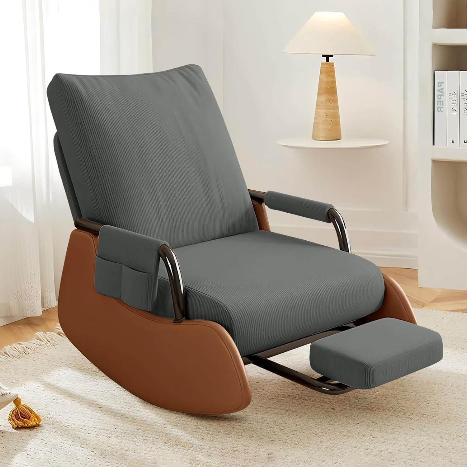 JPBSTO Rocking Chair Nursery, Upholstered Glider Rocking Chair with Side Pocket and Adjustable High Backrest, Foldable Rocker Recliner with Footrest Perfect for Living Room Bedroom, Deep Grey