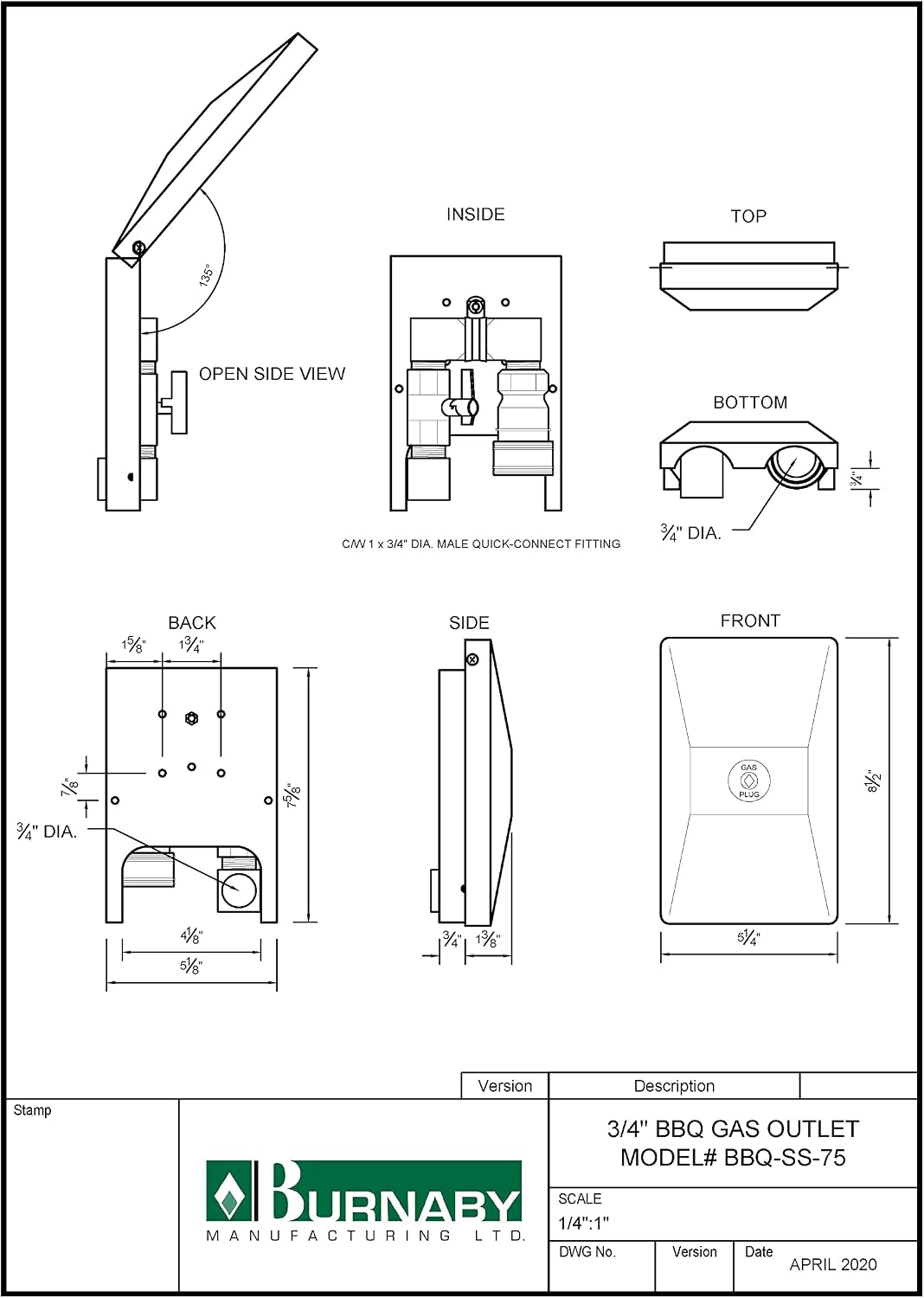 Burnaby Manufacturing Ltd BBQ Gas Outlet, 3/4' NPT Inlet, 3/4' Quick Disconnect Outlet