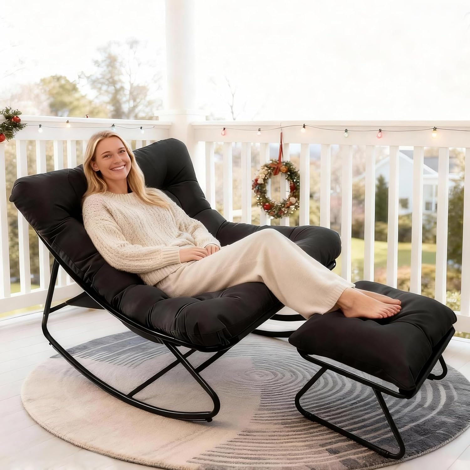 Patio Rocking Chair with Ottoman Outdoor & Indoor, Rocking Chairs Padded with Foot Rest, 330lbs Capacity, Metal Outdoor Rocker for Garden, Deck, Living Room, Bedroom, Balcony (Black)