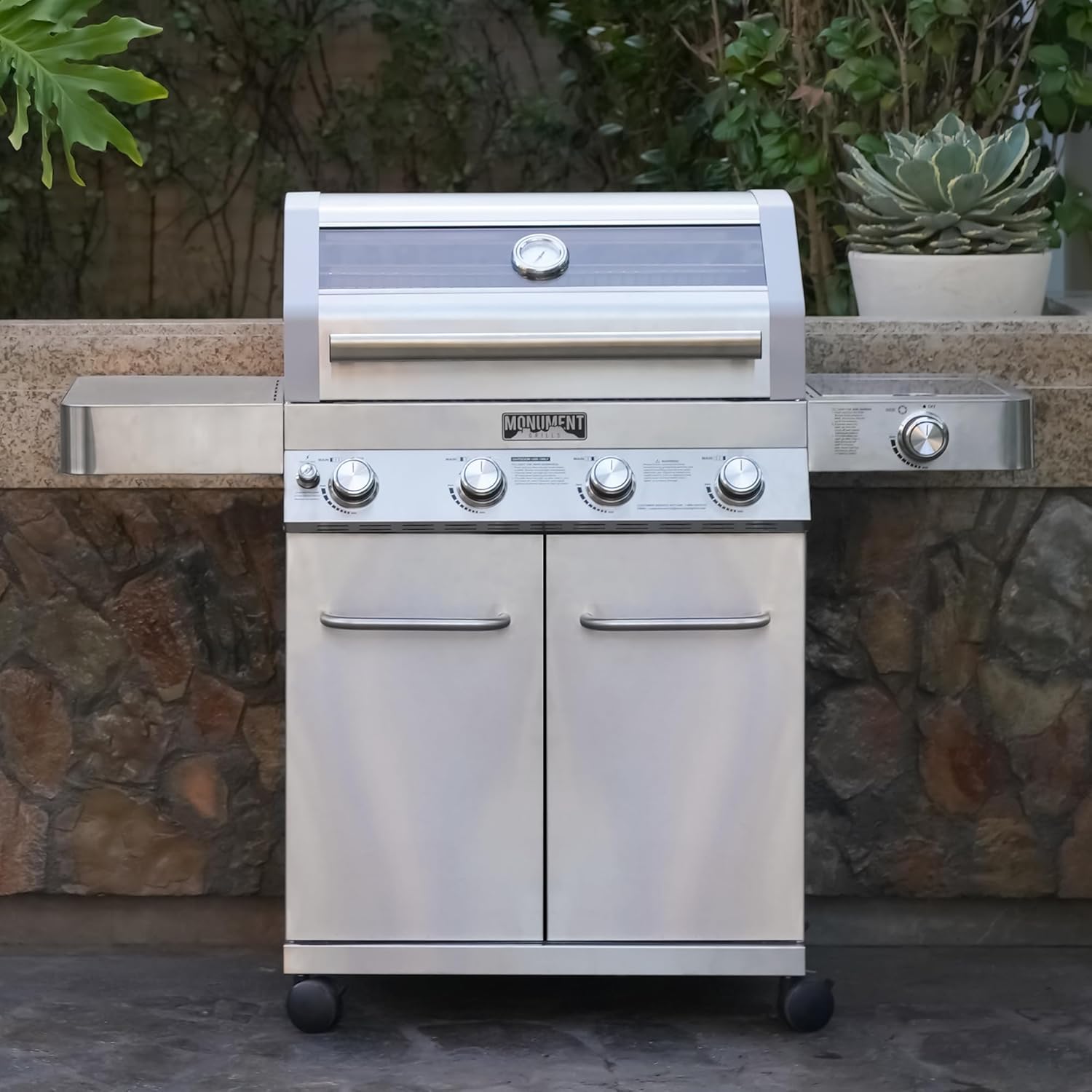 Monument Grills 4+1 Burner Convertible Natural Gas Grill Stainless Steel Propane Grill with a Side Burner, a Built-In Thermometer, Large Cabinet Style Grill