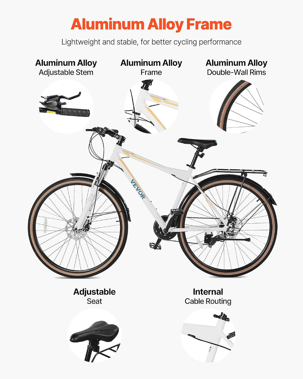 VEVOR Hybrid Bike, Lightweight Aluminum Frame Bike, 700c Wheel Men Women Hybrid Bicycle, Step-Over/Step-Through Adult Urban City Commuter Bikes, with 7/24 Speed, Alloy Adjustable Stem and Seat