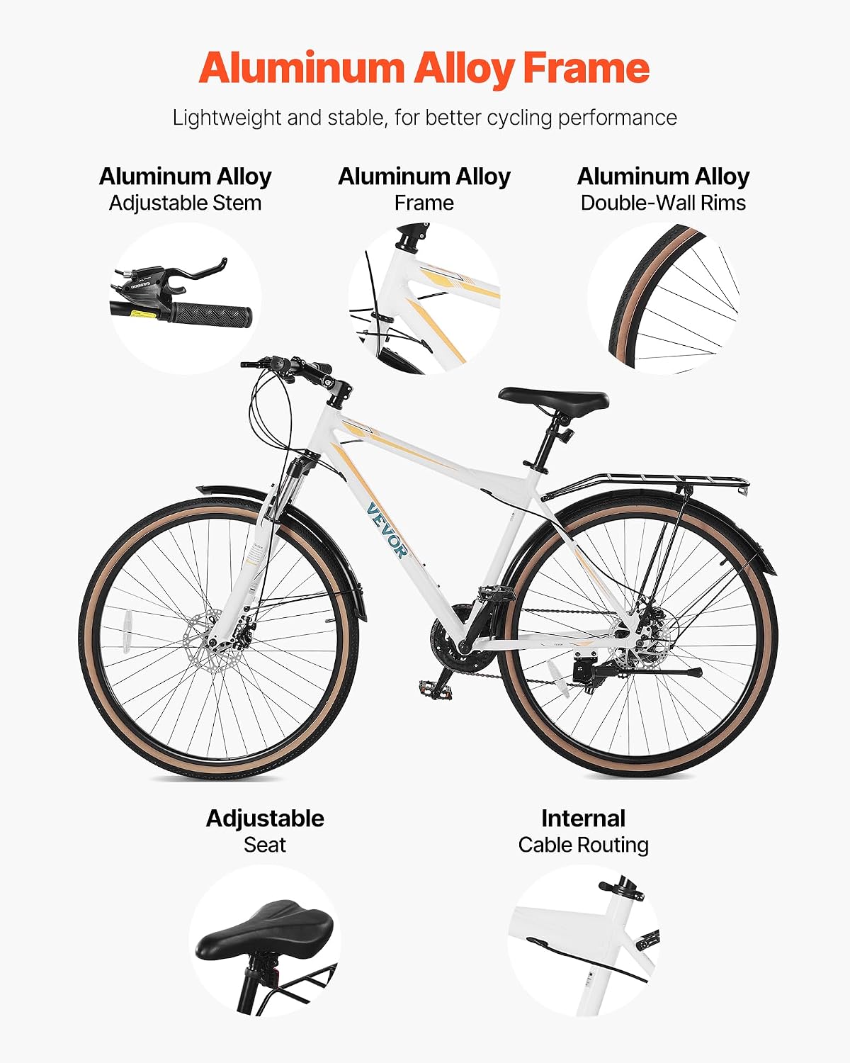 VEVOR Hybrid Bike, Lightweight Aluminum Frame Bike, 700c Wheel Men Women Hybrid Bicycle, Step-Over/Step-Through Adult Urban City Commuter Bikes, with 7/24 Speed, Alloy Adjustable Stem and Seat