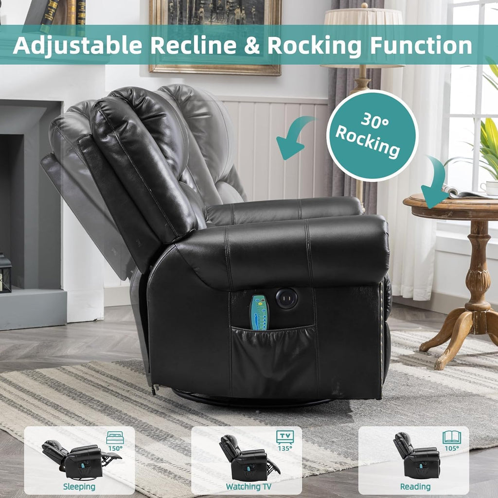 MEETWARM Oversized Swivel Rocker Recliner Chair with Heat and Massage, Manual Glider Rocking Recliner Chair, 360°Swivel Nursery Reclining Sofa with Remote Control/USB Ports for Living Room(Black)