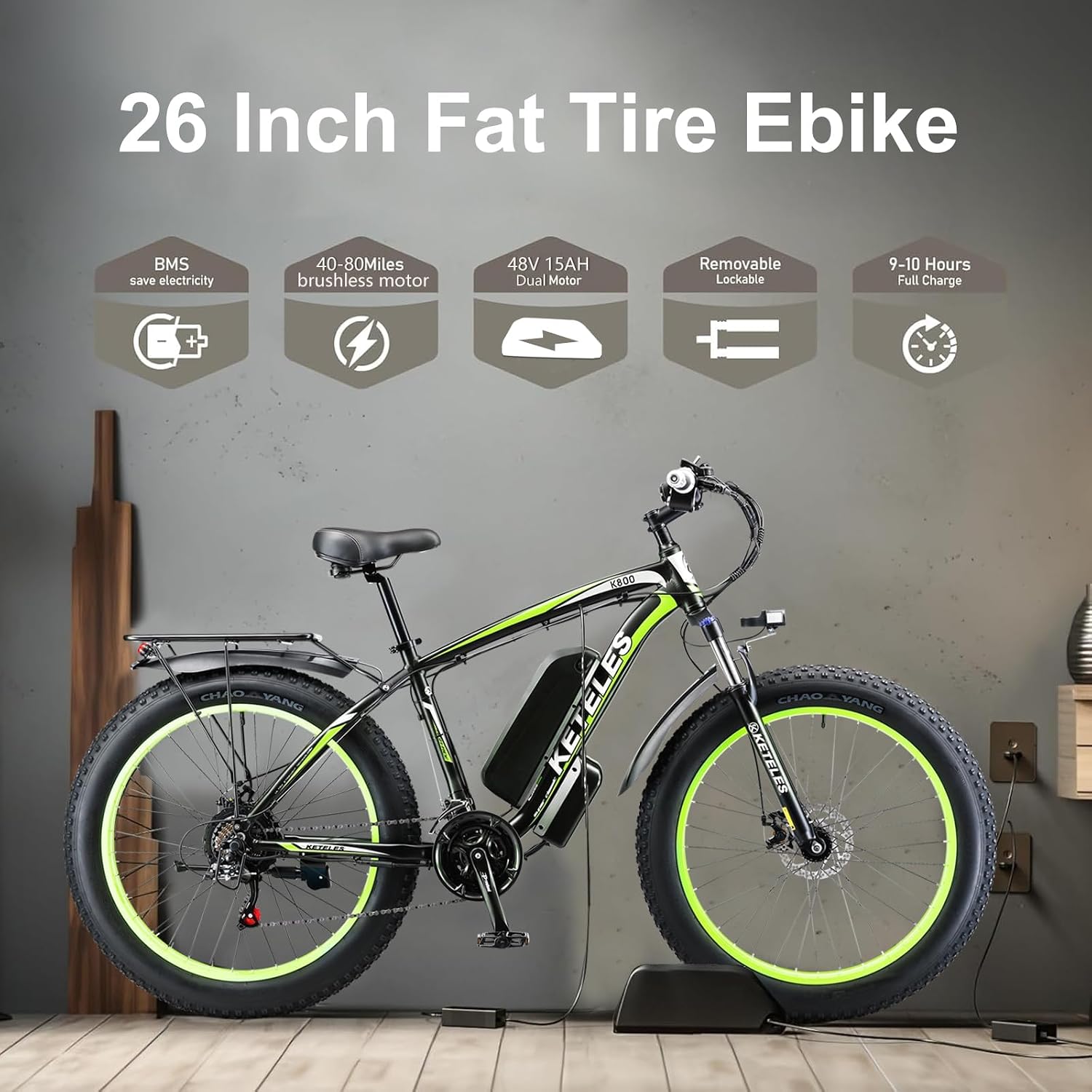 Peak 2000W Electric Bike 27 MPH 48V15Ah Removable Battery Max 40-80 Miles E Bike for Adults 26' Fat Tire Ebike 21-Speed All Terrain for Mountains Snow Sand Road
