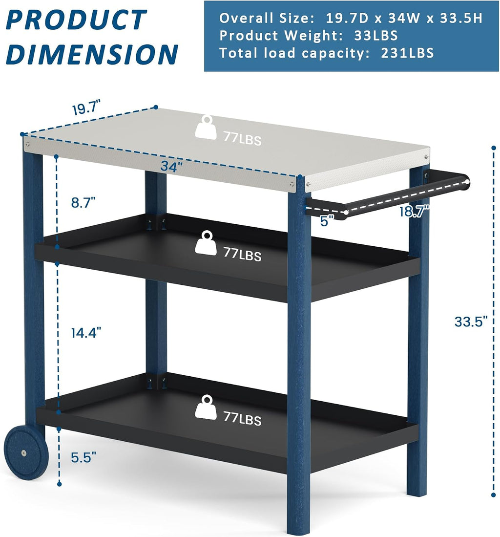 TORVA Outdoor Prep Grill Cart, Honeycomb Style Wear-Resistant Tabletop with High Load-Bearing Portable BBQ Cart, HDPE Durable Frame 3-Tier Storage Cart, Navy Blue+Blue