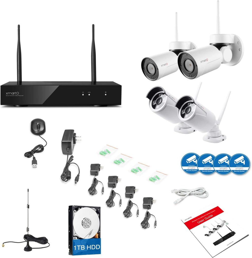 XMARTO [Expandable 8CH] Wireless Security Camera System, 2pc WiFi [PTZ Cameras Outdoor] + 2pc Bullet IP Cameras for Home Surveillance, 8CH 1080p NVR (Built-in Router, Auto Pair, Mobile View, 1TB HDD)