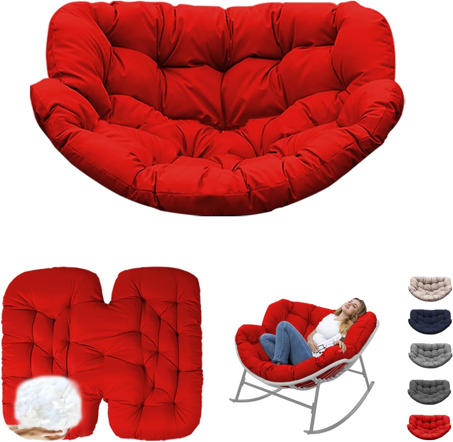 Thickened Waterproof Papasan Rocking Chair Cushion, 6.3'' Patio Egg Chair Pad with Ties, Outdoor/Indoor Rattan Hammock Cushions for Porch, Garden, Balcony(Only Cushion no Chair) (Red)