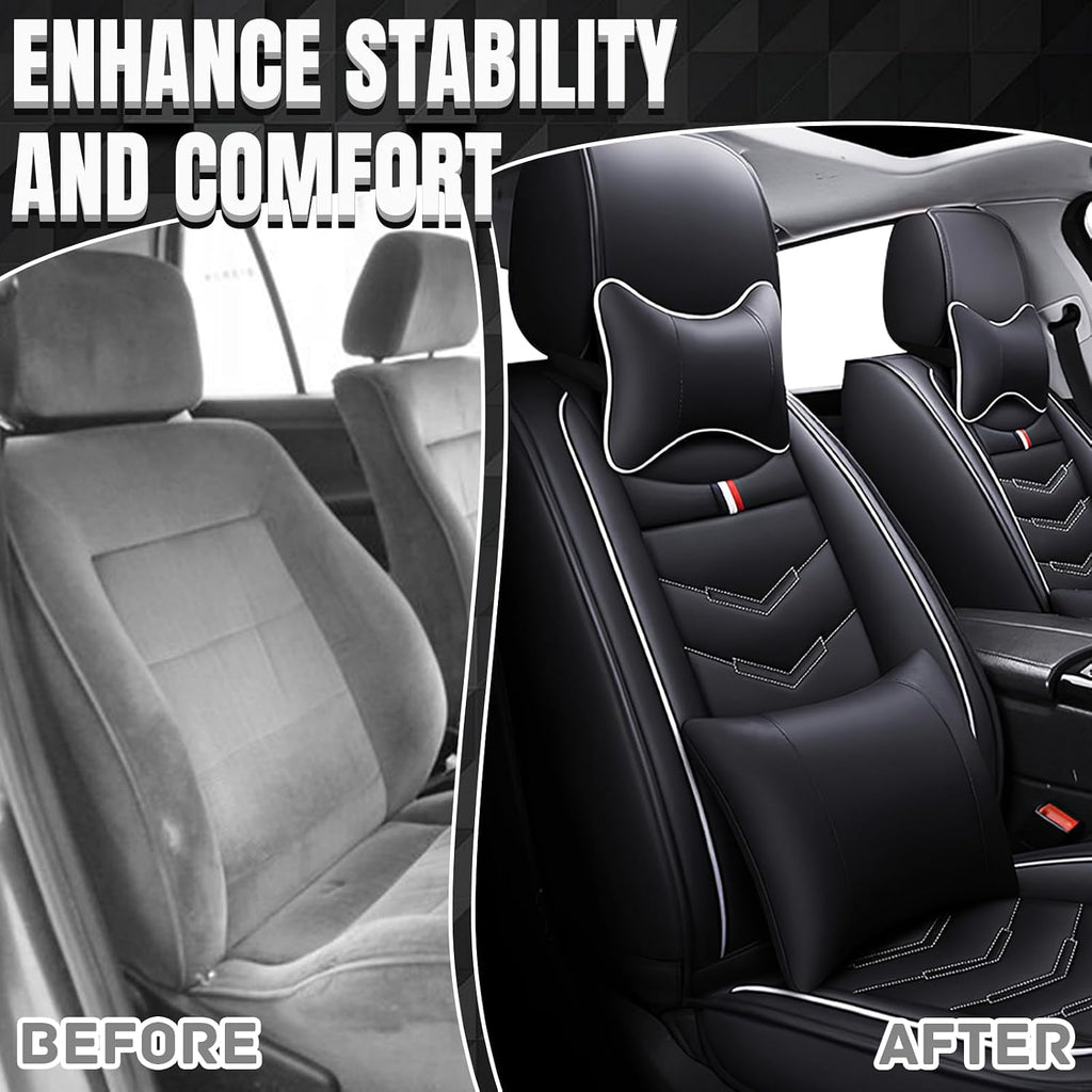 Car Seat Covers Fit for GMC Acadia 2007-2025, Leather Seat Covers for Car, Waterproof Non-Slip Durable Car Seat Protector(2 Seats with Pillow,Black White)
