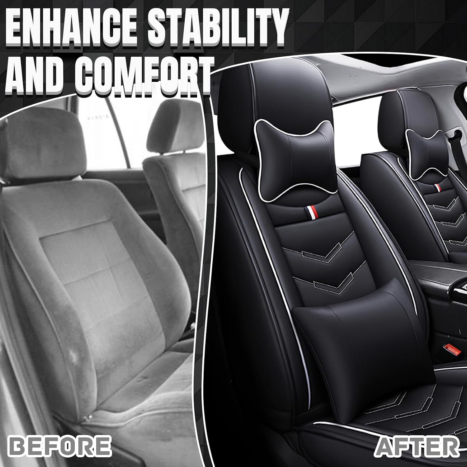Car Seat Covers Fit for GMC Acadia 2007-2025, Leather Seat Covers for Car, Waterproof Non-Slip Durable Car Seat Protector(2 Seats with Pillow,Black White)