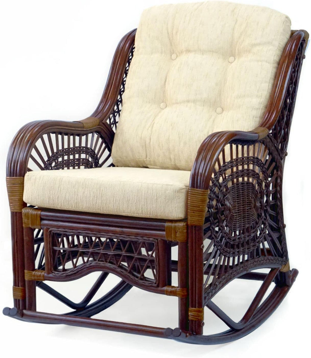Malibu Lounge Rocking Chair Handmade ECO Natural Wicker Rattan Dark Brown Color with Cream Cushion, Indoor ONLY